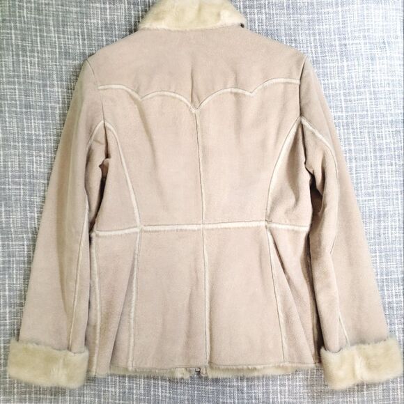 Y2K Guess Suede Leather Soft Faux Fur Lined Coat Light Tan Women's M - Picture 10 of 12